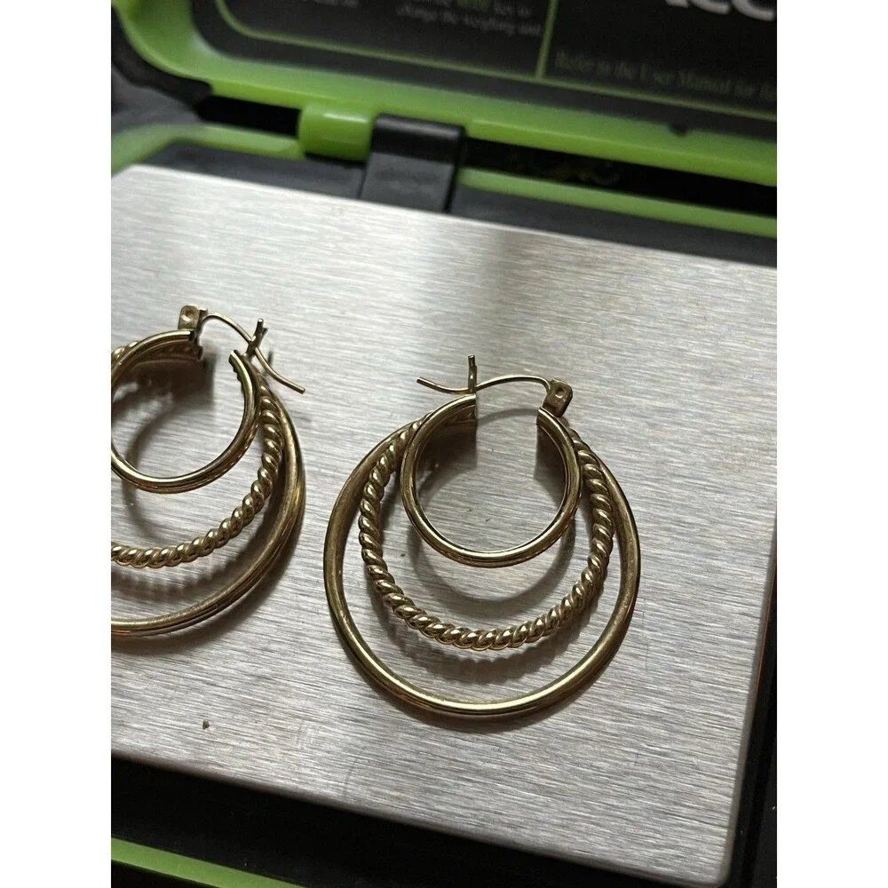 Vintage 14k Yellow Gold Triple Hoop Loop Earrings 3 Hoop Textured 4.3g Grams